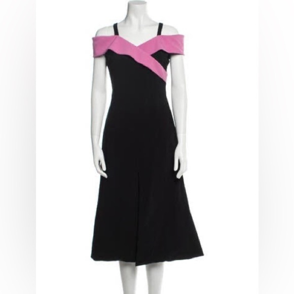 Christian Siriano Cold-Shoulder Midi A-Line Dress Crepe in Black/Pink Si… - Picture 3 of 15